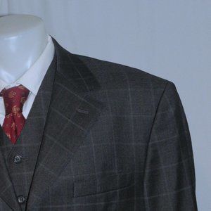 Raphael Wardrobe Design Custom Gray Windowpane Four Button Three Piece Suit 44XL